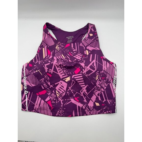Reebok Women’s Printed Medium Support Cropped Tank Bra Size M Purple Pink - Picture 1 of 6